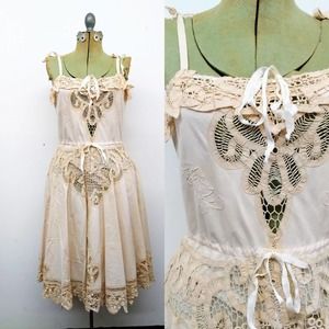 Vintage 20s/30s Battenburg Lace Dress Tea Stained Embroidered Frock